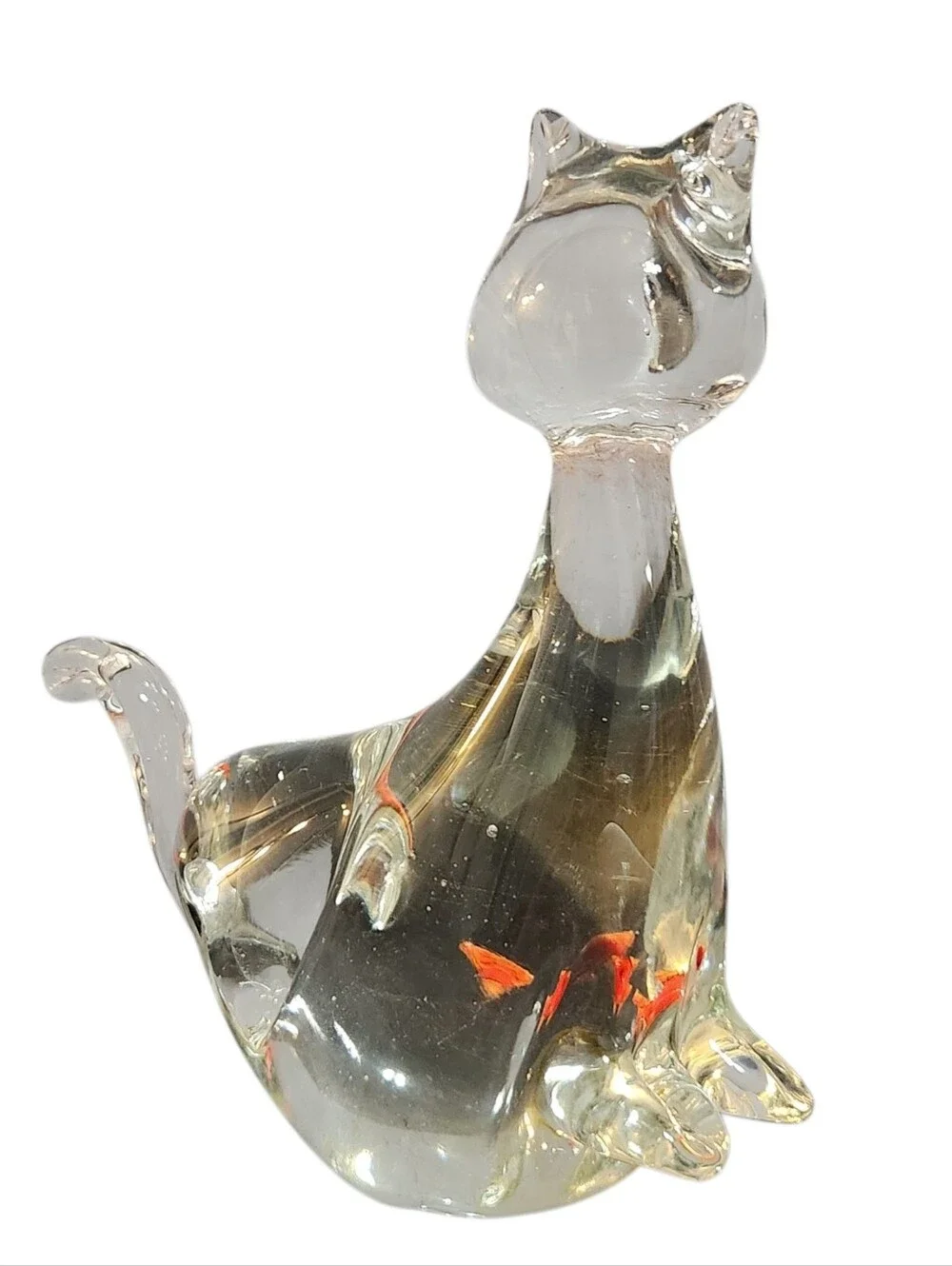 MCM Glass Cat with Orange Fish in Belly Vintage 6.5 inches Tall Paperweight